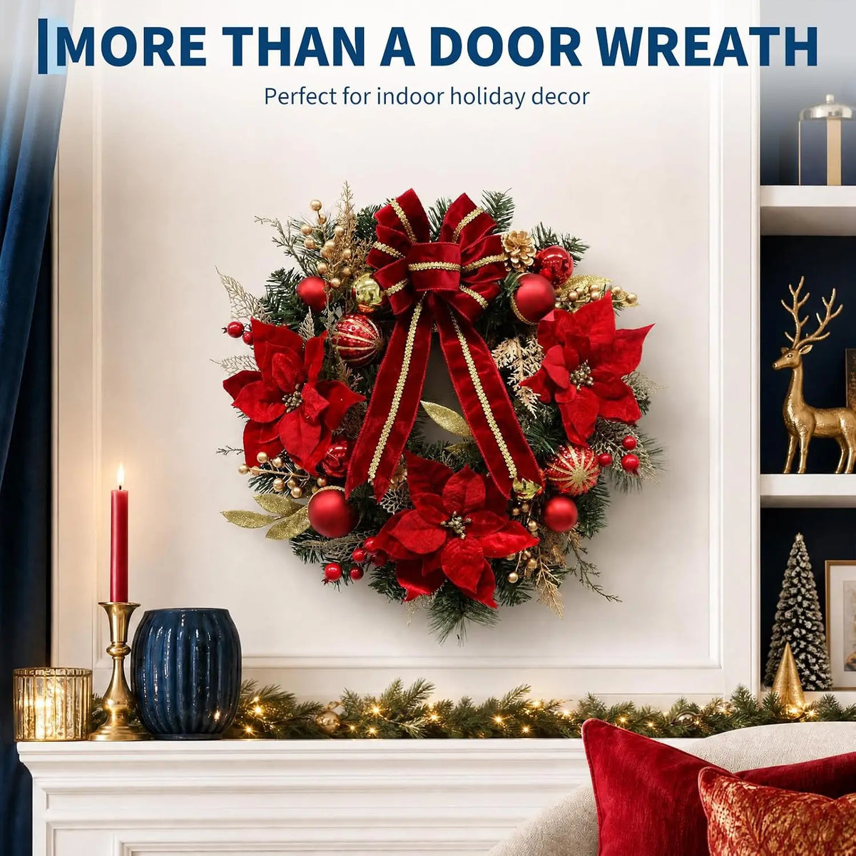 Garvee 24inch Christmas Wreath for Front Door with 20 LED Lights Holiday Wreath Artificial Velvet Bow Hanger for Fireplace Wall Indoor Outdoor Decor Pet and Home Outlet