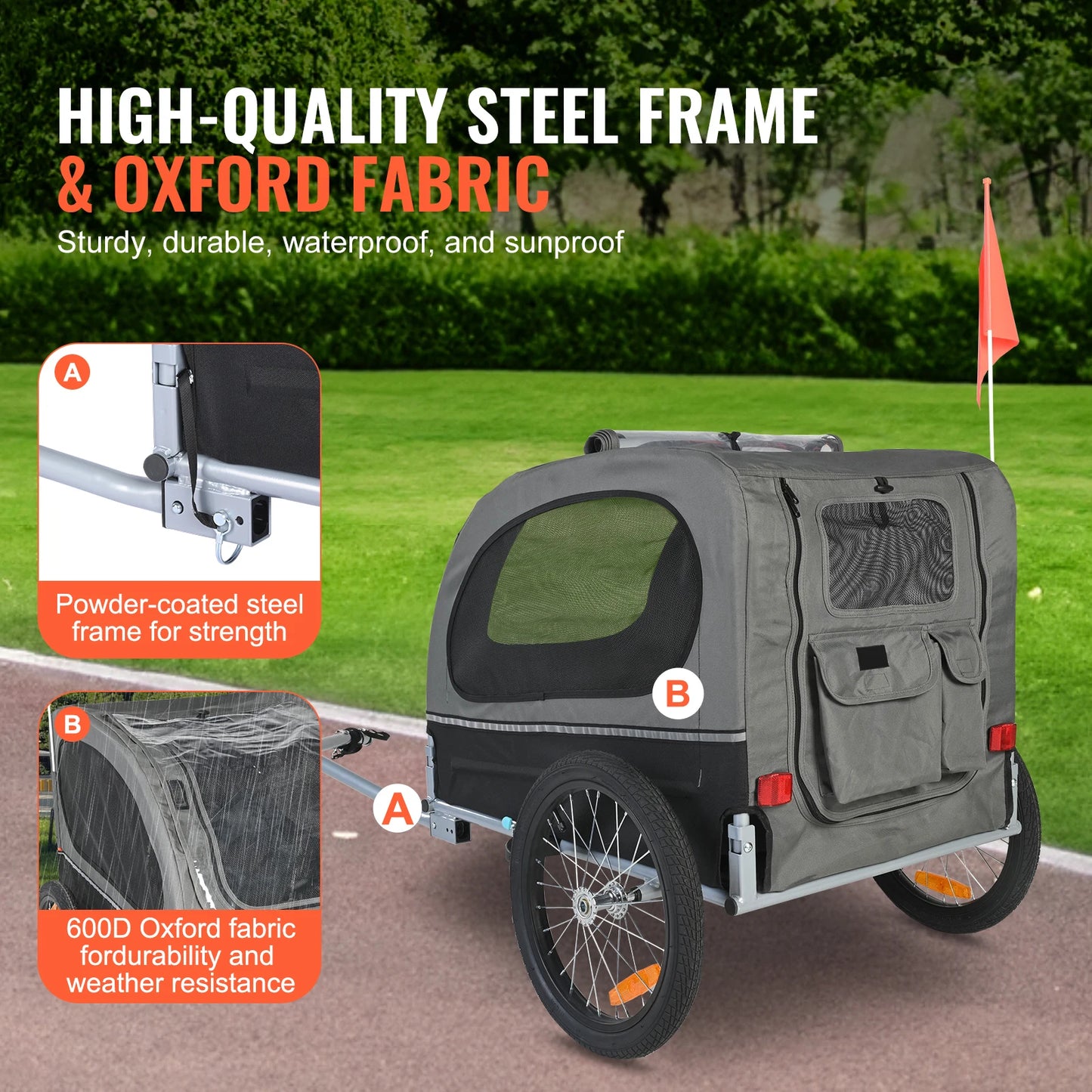 Dog Bike Trailer Pet Cart With Wheels Reflectors Coupler Collapsible Storage