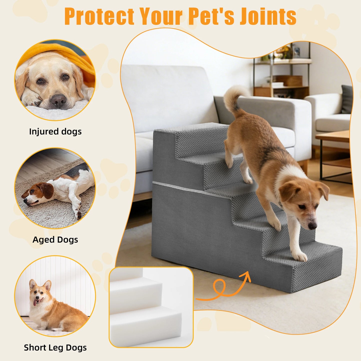 Foam Dog Stairs Ramp Non Slip 3 To 5 Step Right Angled For Small Dogs