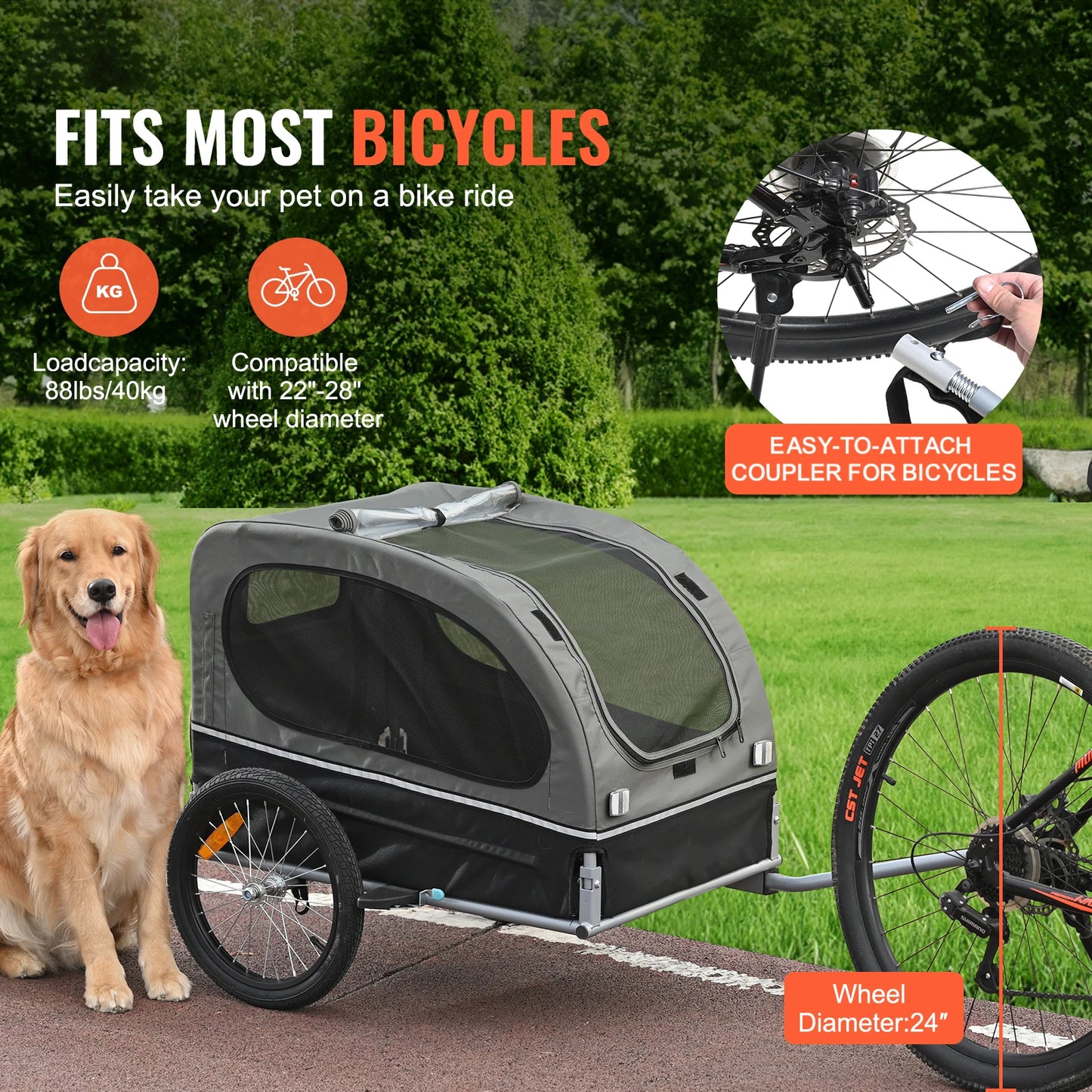 Dog Bike Trailer Pet Cart With Wheels Reflectors Coupler Collapsible Storage