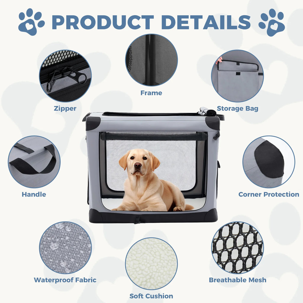 JHK 600D Oxford Foldable Soft Dog Crate With Three Doors Indoor Pet and Home Outlet
