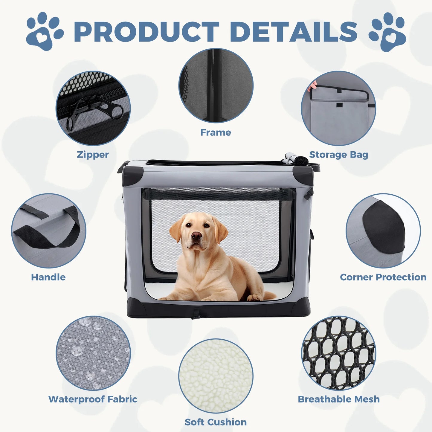 JHK 600D Oxford Foldable Soft Dog Crate With Three Doors Indoor