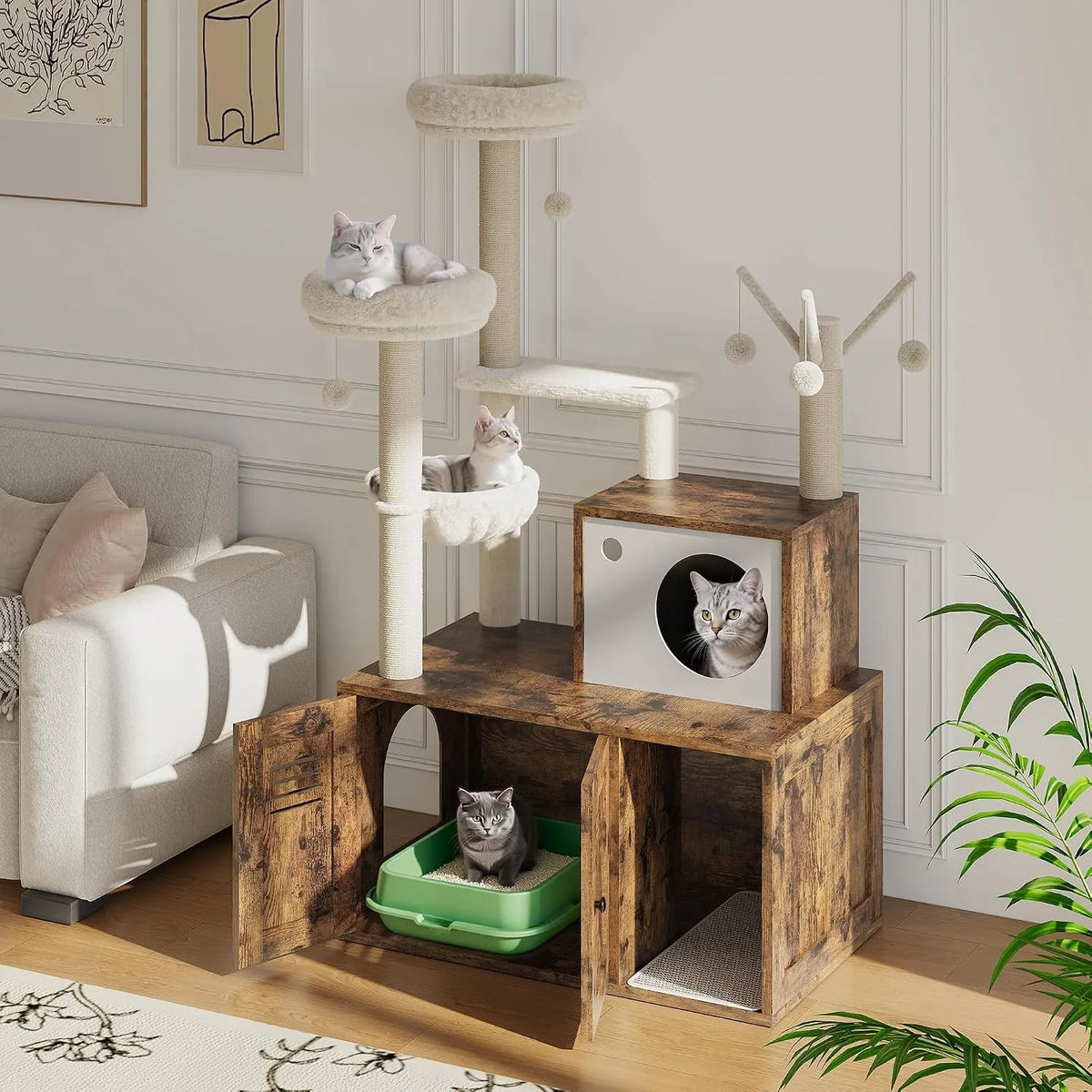Modern Cat Tower With Hidden Litter Box And Cozy Perches