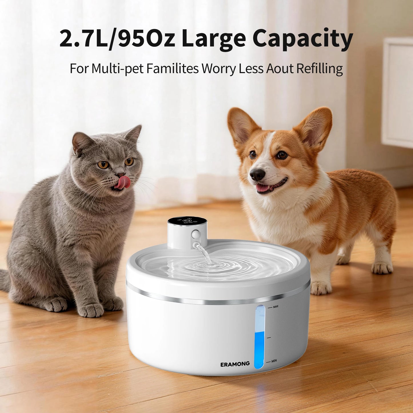 Eralong 2.7L Wireless Intelligent Cat Water Fountain With Auto Sensor