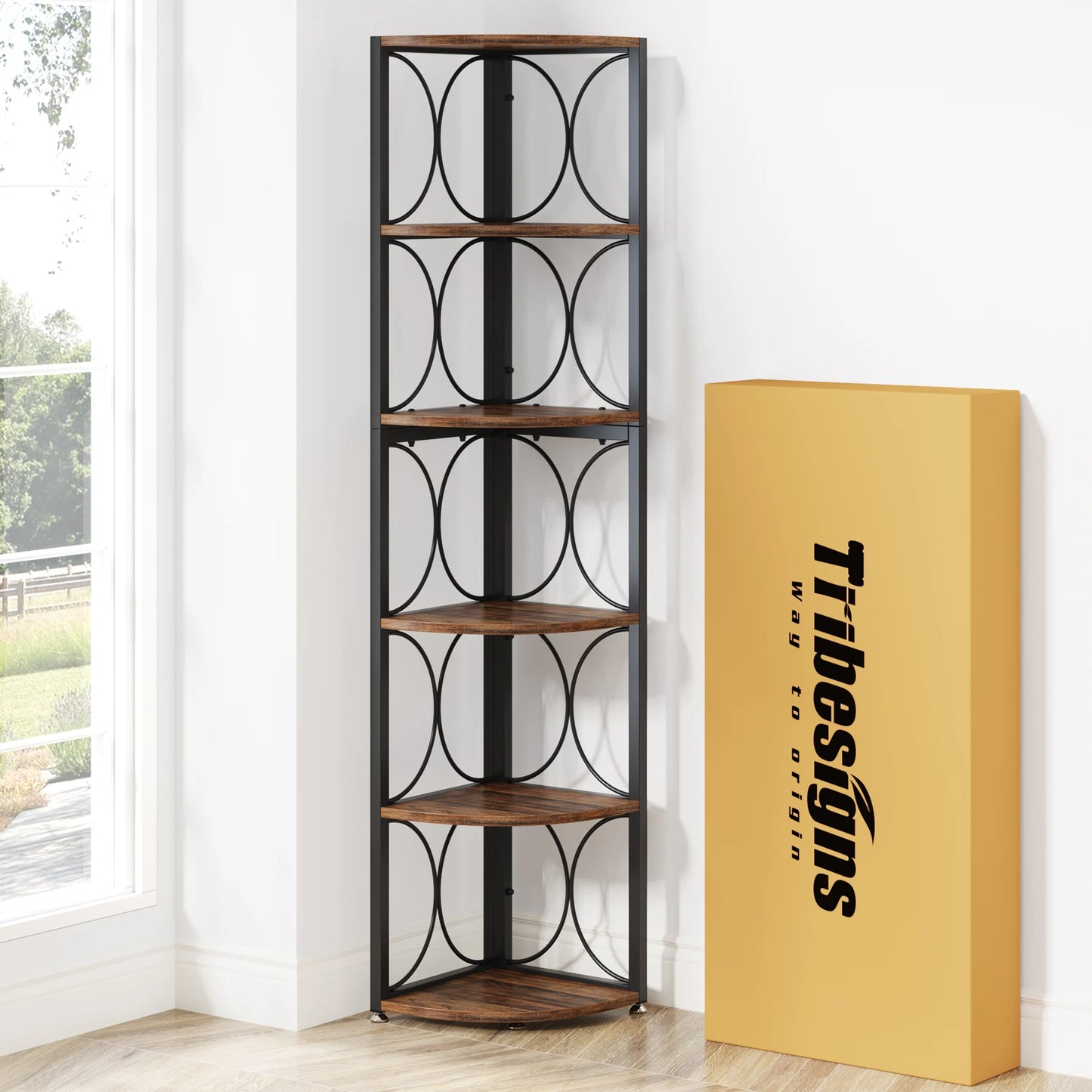 Tribesigns 6 Tier Rustic Corner Bookshelf Tall Storage Rack
