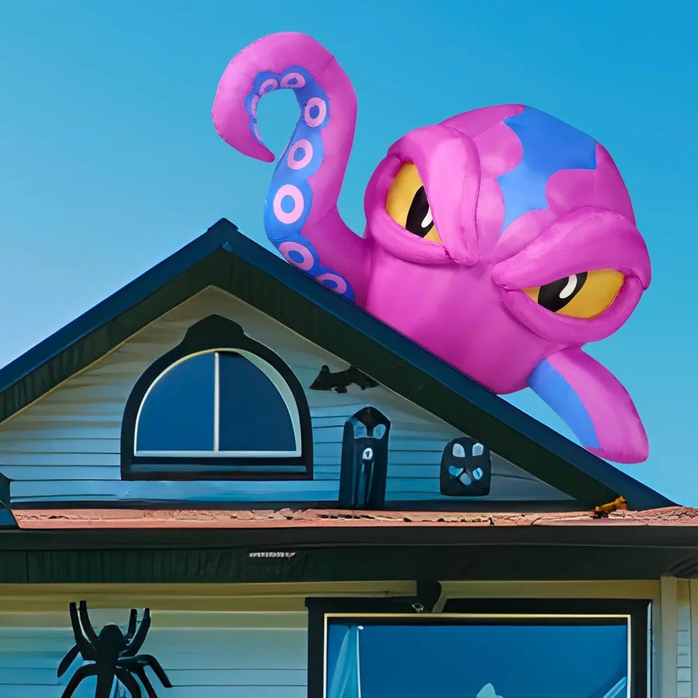 4 FT Tall Halloween Inflatable Purple Octopus Head with Tentacles Broke Out from Window with Built-in LEDs Blow Up for Halloween Window Decor, Outdoor Yard Garden Lawn Party Decoration Pet and Home Outlet