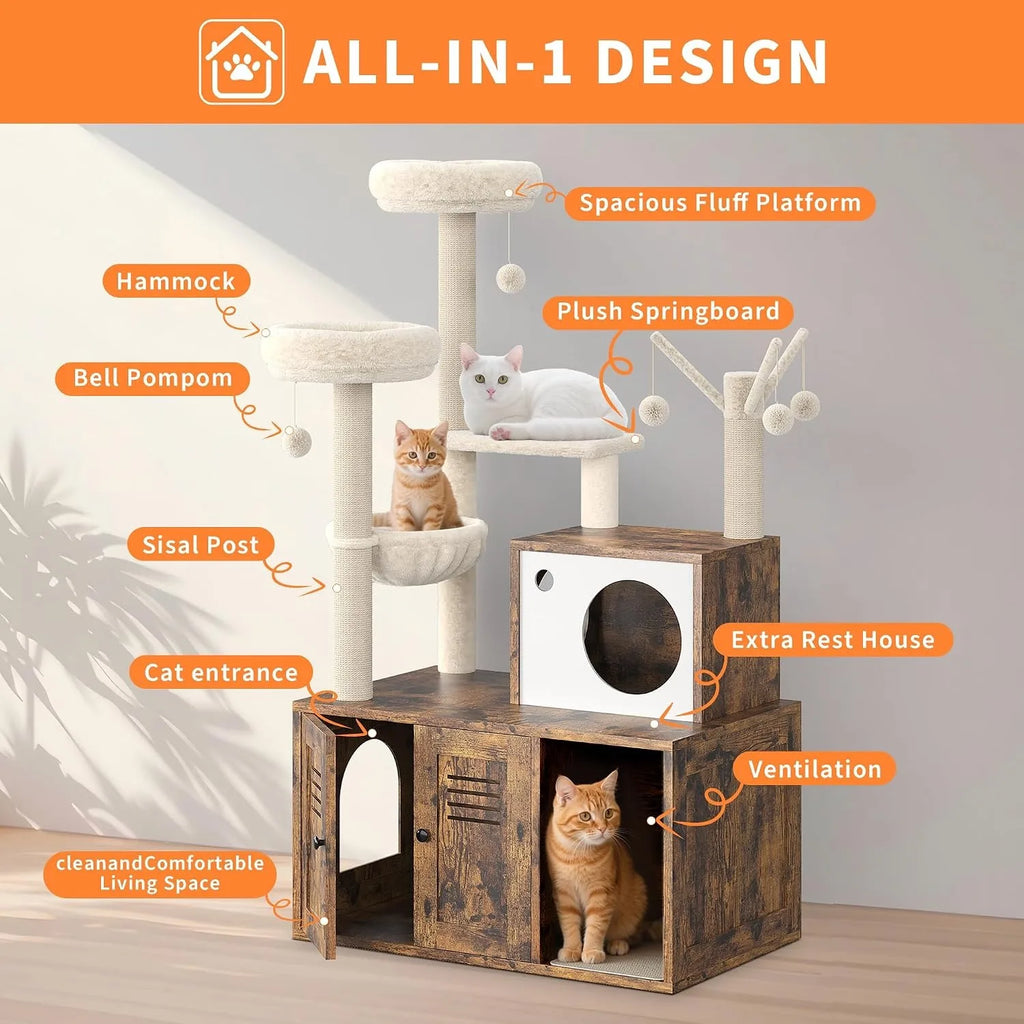55-Inch Cat Tower with Hidden Litter Box Enclosure Pet and Home Outlet