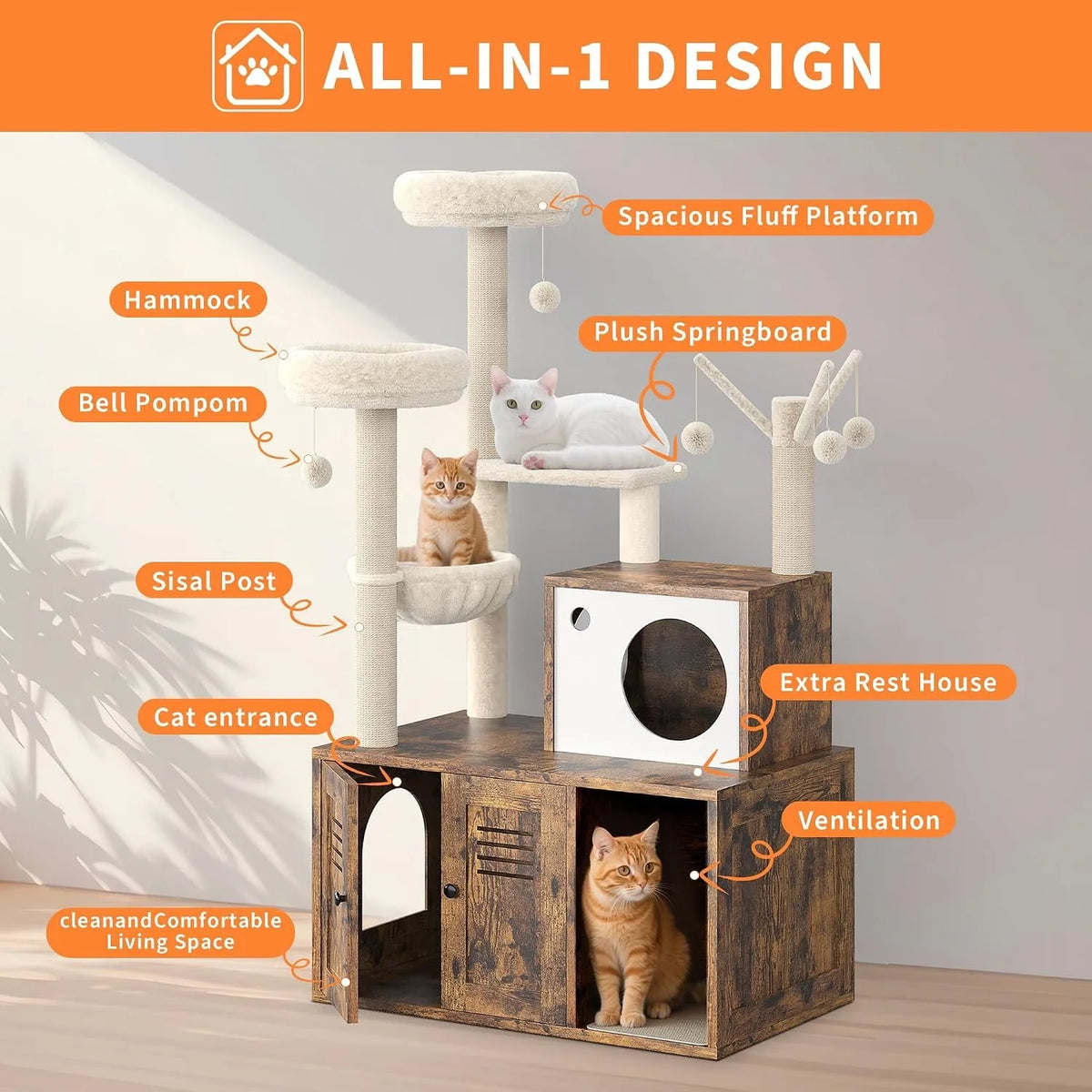 Modern Cat Tower With Hidden Litter Box And Cozy Perches