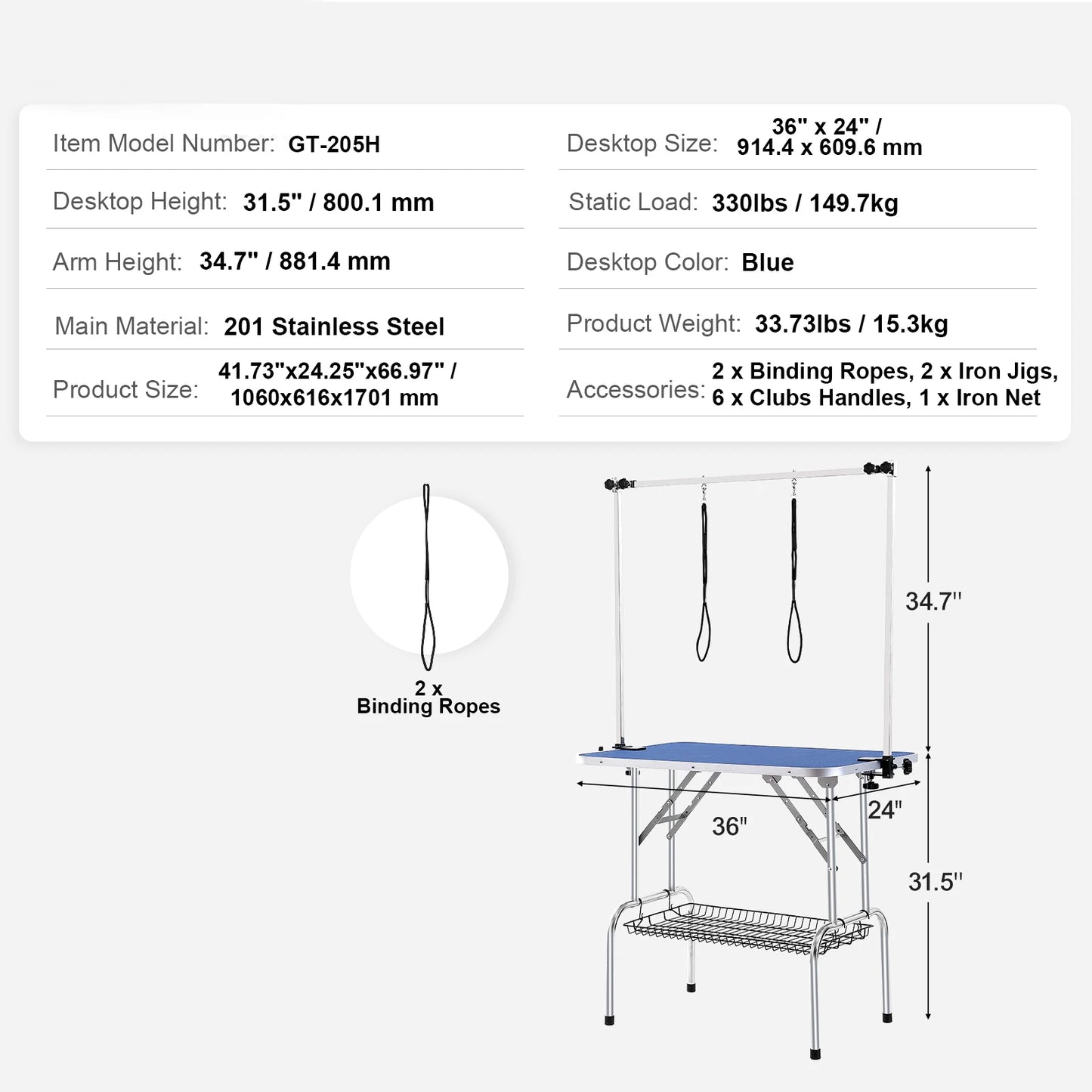 Foldable Pet Grooming Table Stainless Steel Two Arms With Loop