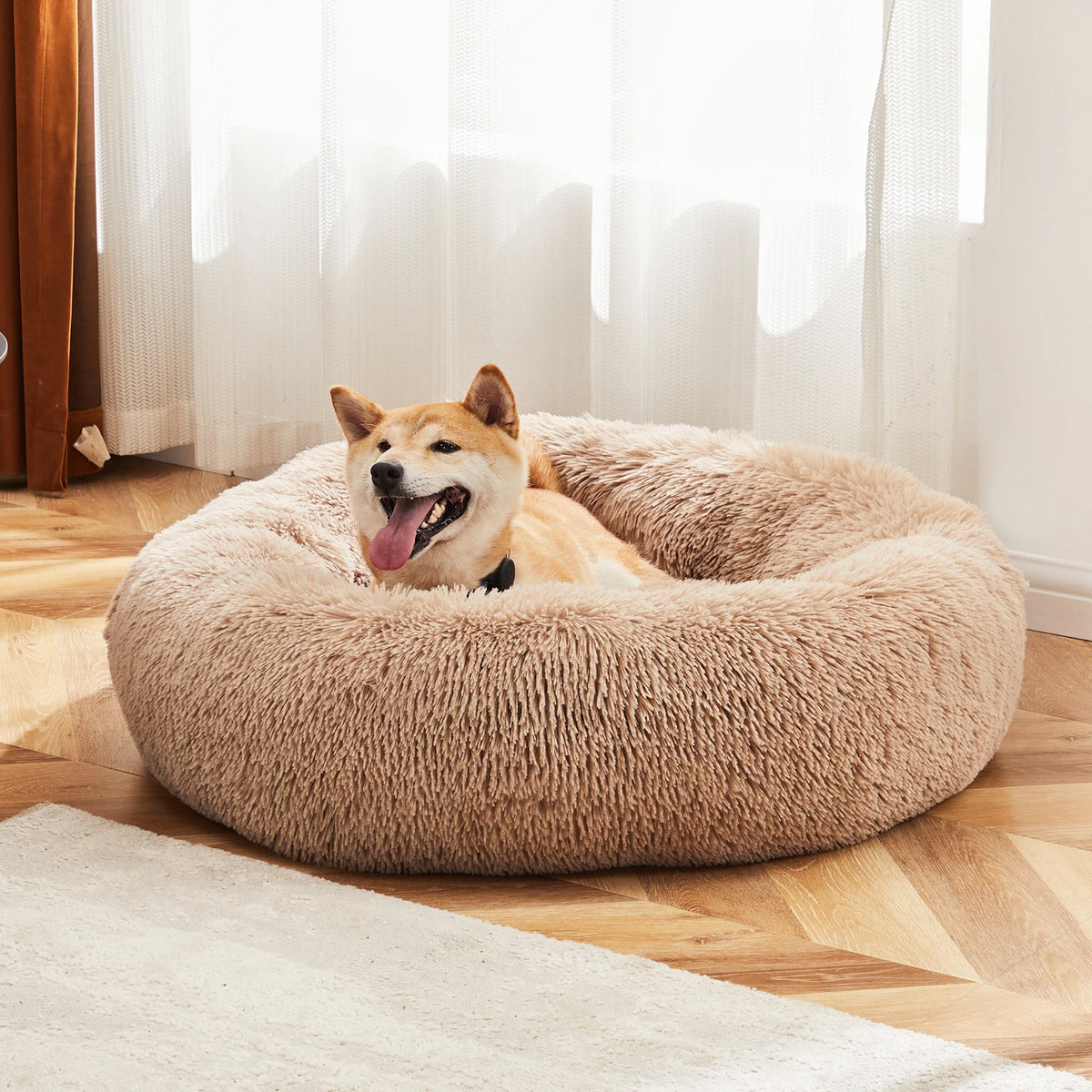 JHK Calming Dog Bed for Medium to Large Dogs Washable Large Pet Bed Anti-Slip Round Fluffy Plush Faux Fur Dog Bed Pet and Home Outlet