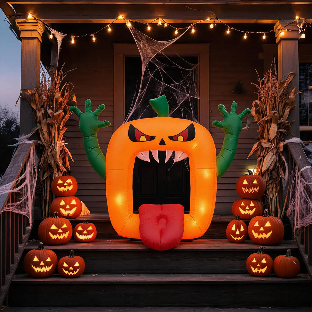 6 FT Inflatable Halloween Pumpkin Arch with LED Lights Self Inflating Outdoor Yard and Trunk or Treat Decoration 210T Polyester 12V Plug Spooky Holiday Party Lawn Garden Night Display Props Pet and Home Outlet