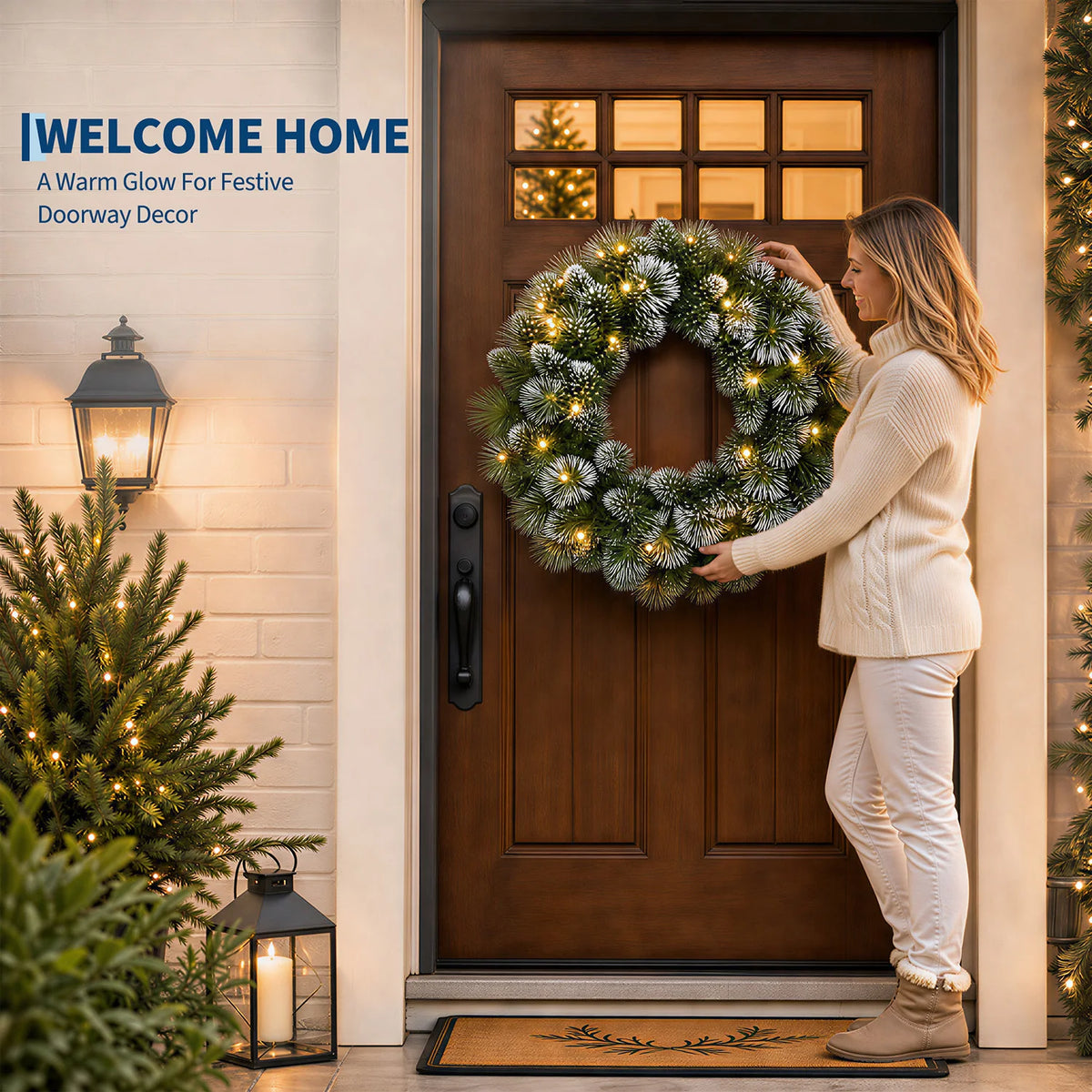24 Inch Pre-Lit Christmas Wreath with 20 Warm White LED Lights, Snowy Pine Cones, Battery Operated, Front Door Indoor Outdoor Pet and Home Outlet
