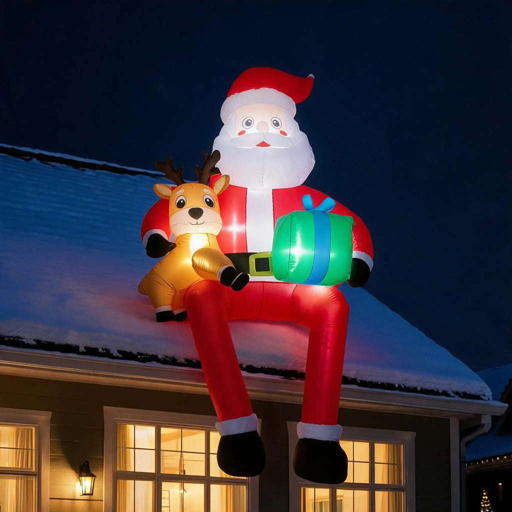 9.5ft Christmas Inflatable Sitting Santa with Reindeer Outdoor Blow Up Yard Decoration Built In LED Lights Lawn Garden Roof Display Holiday Party Winter Festival Home Decor Pet and Home Outlet