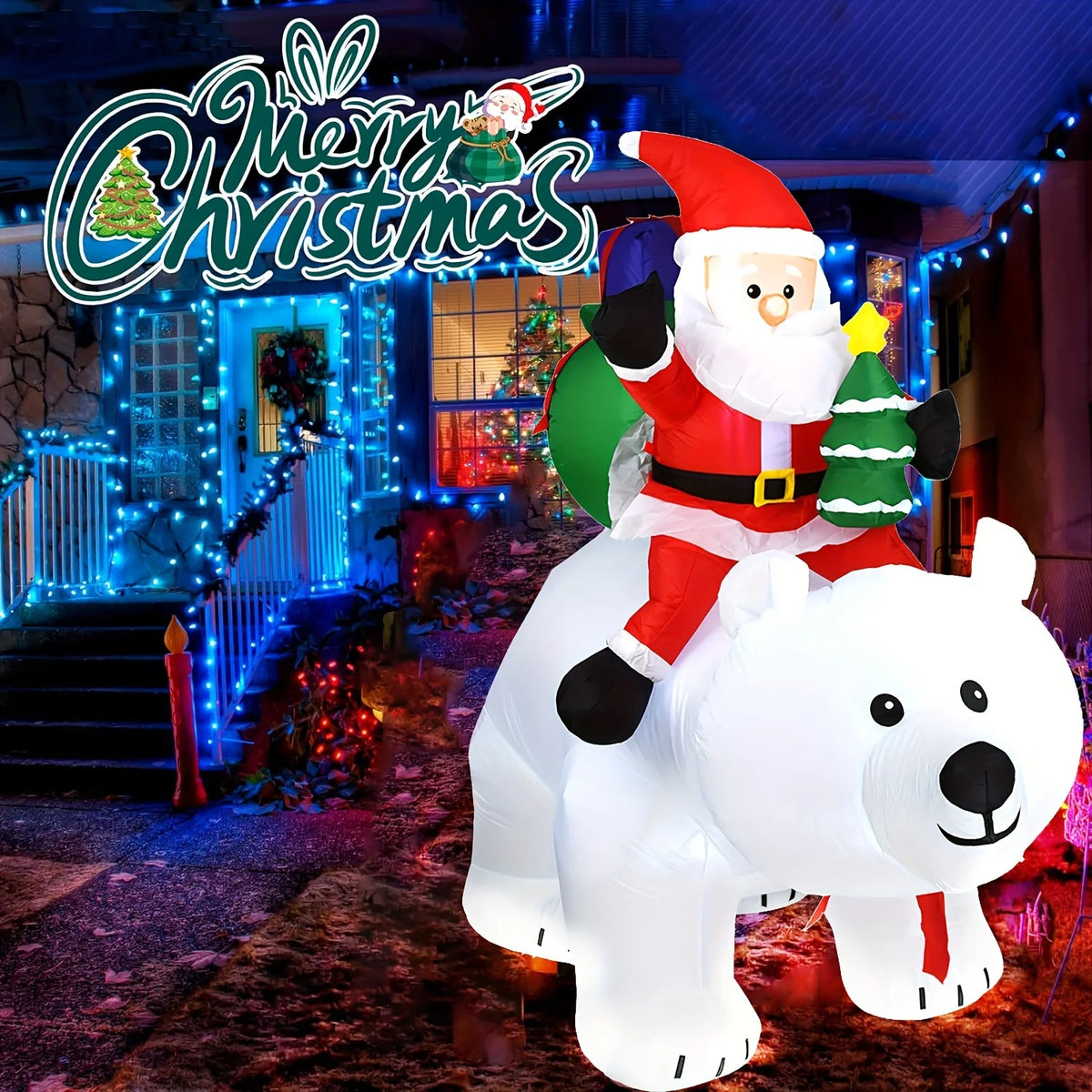 Christmas LED Inflatable Santa Riding Polar Bear With Shaking Head Pet and Home Outlet