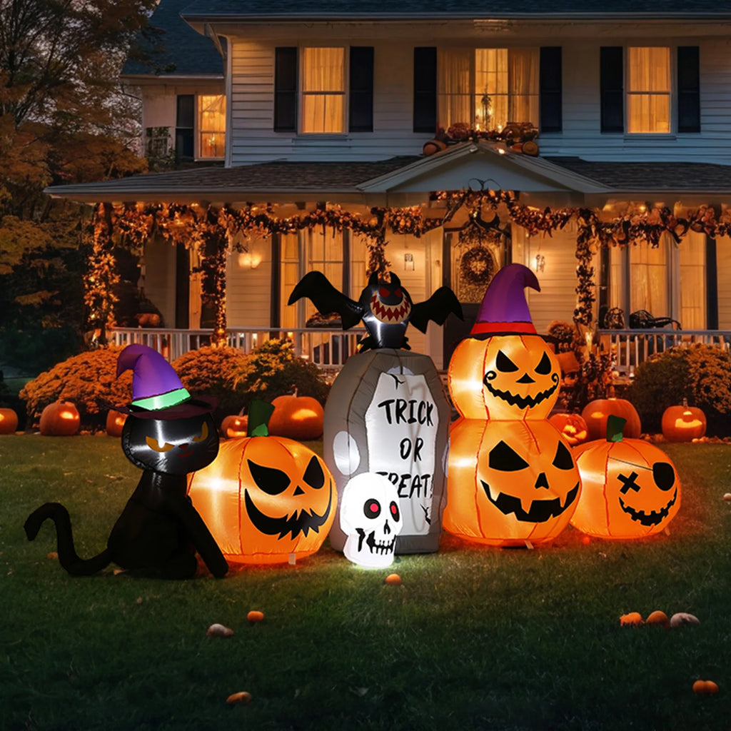 8ft Halloween Pumpkin Black Cat Tombstone Inflatable Yard Decor With Led Lights, Blow Up Outdoor Decoration For Lawn Garden Porch Party Pet and Home Outlet