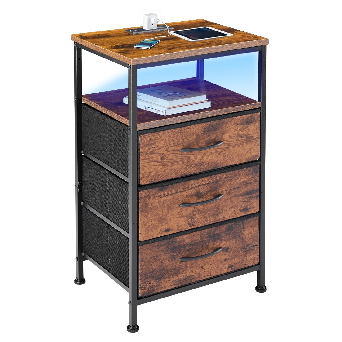 JHK Modern Nightstand With Three Fabric Drawers And USB Outlet