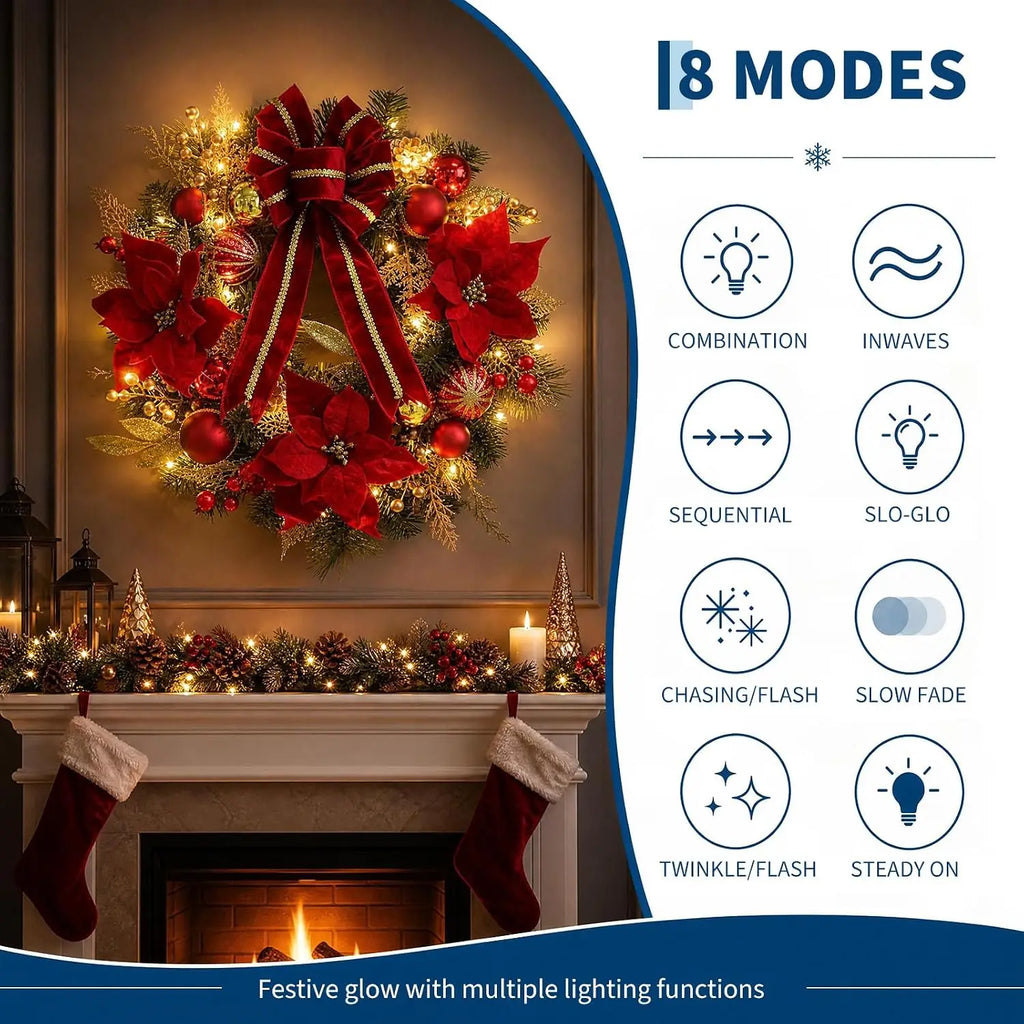 Garvee 24inch Christmas Wreath for Front Door with 20 LED Lights Holiday Wreath Artificial Velvet Bow Hanger for Fireplace Wall Indoor Outdoor Decor Pet and Home Outlet