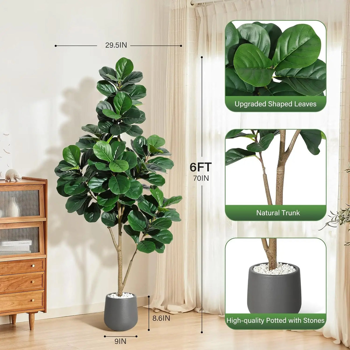 4FT/5FT/6FT/7FT Fiddle Leaf Fig Tree Artificial with Leaves, Realistic Faux Ficus Lyrata Trees in White Planter Pot, Home Decor Pet and Home Outlet