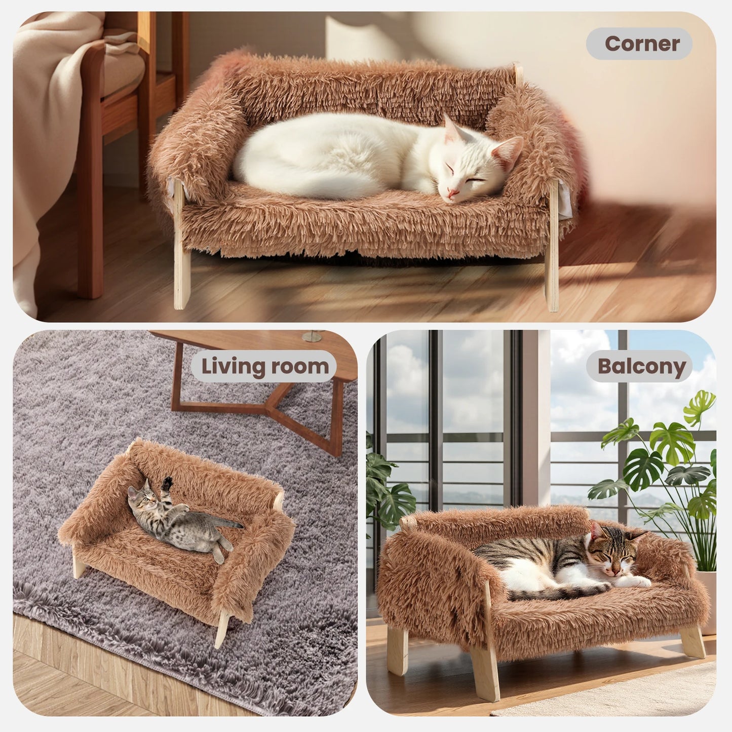 Raised Wooden Cat Bed With Plush Sofa for Indoor Cats