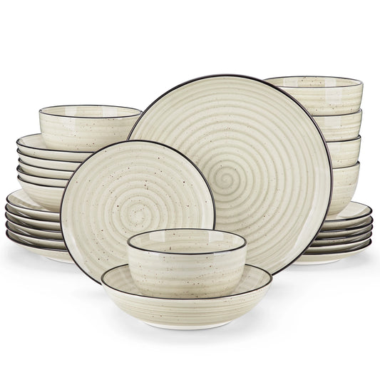 MALACASA 24 Piece Ceramic Dinnerware Set Hand Painted Spiral Pattern