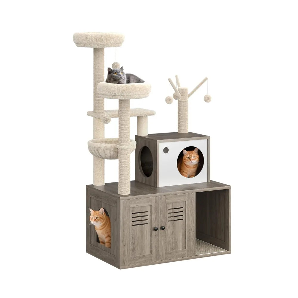 Modern Cat Tower With Hidden Litter Box And Cozy Perches