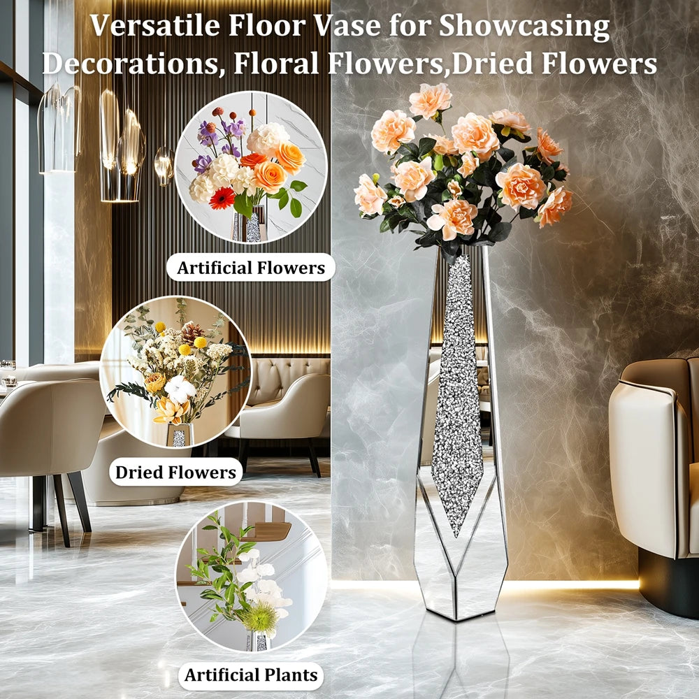 Crushed Diamond Mirrored Floor Vase Silver Floral Arrangement