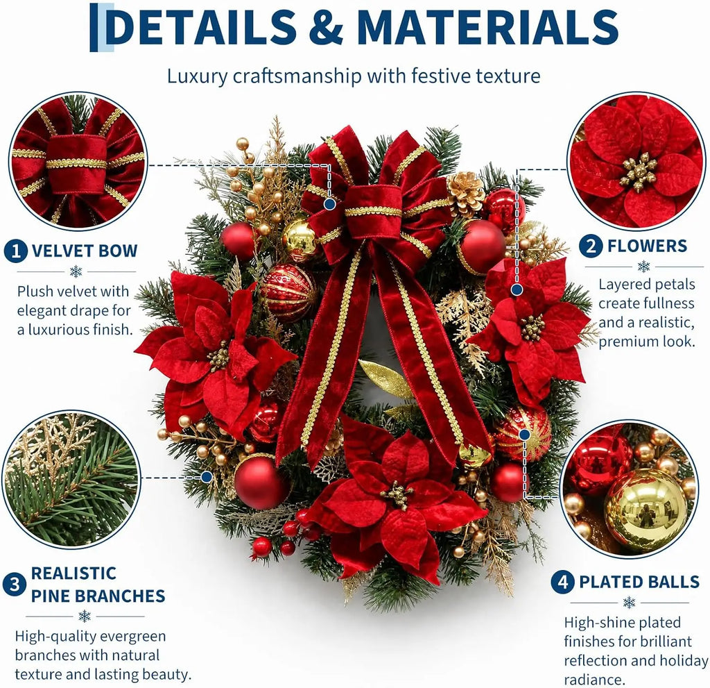 Garvee 24inch Christmas Wreath for Front Door with 20 LED Lights Holiday Wreath Artificial Velvet Bow Hanger for Fireplace Wall Indoor Outdoor Decor Pet and Home Outlet