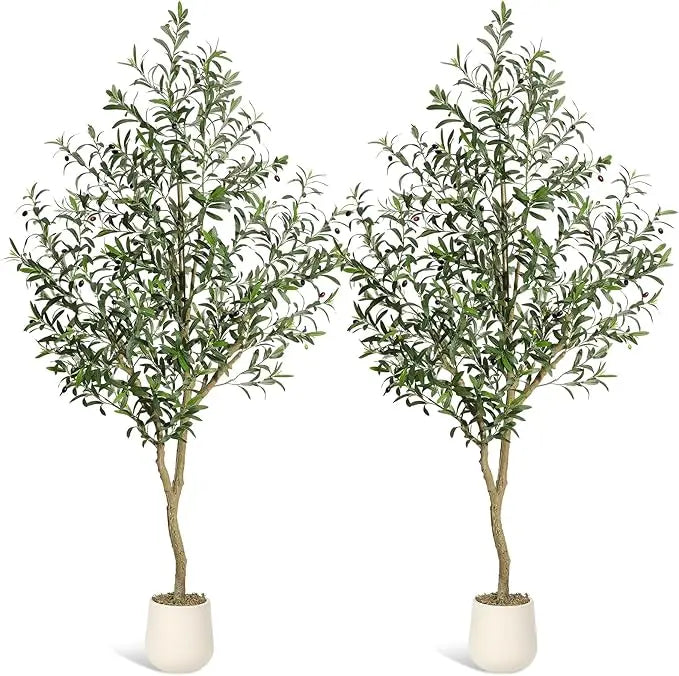Olive Trees Artificial Indoor, 5-7ft Tall Faux Silk Plant - Fake Potted Tree with White Planter, Artificial Plants for Home Offi Pet and Home Outlet