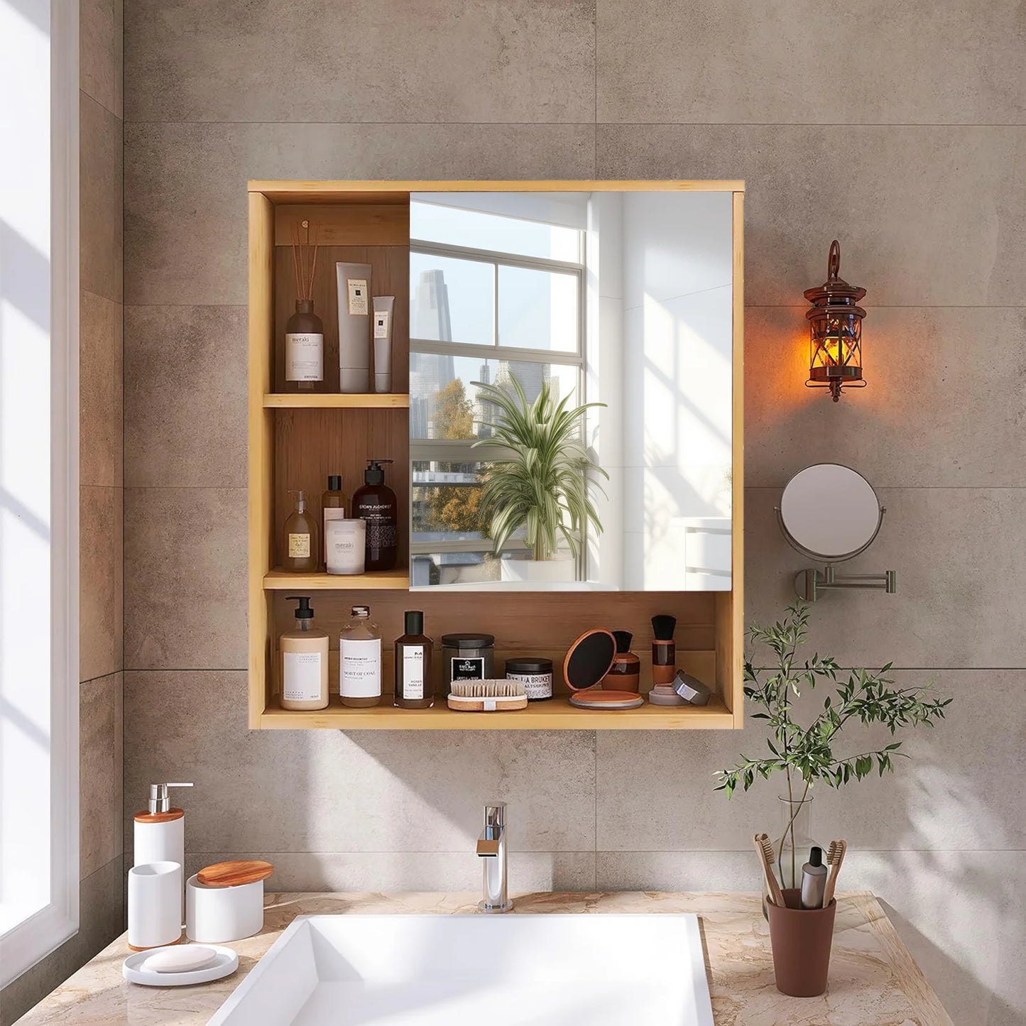 Wisfor Bamboo Wall Mounted Bathroom Cabinet With Mirror Storage