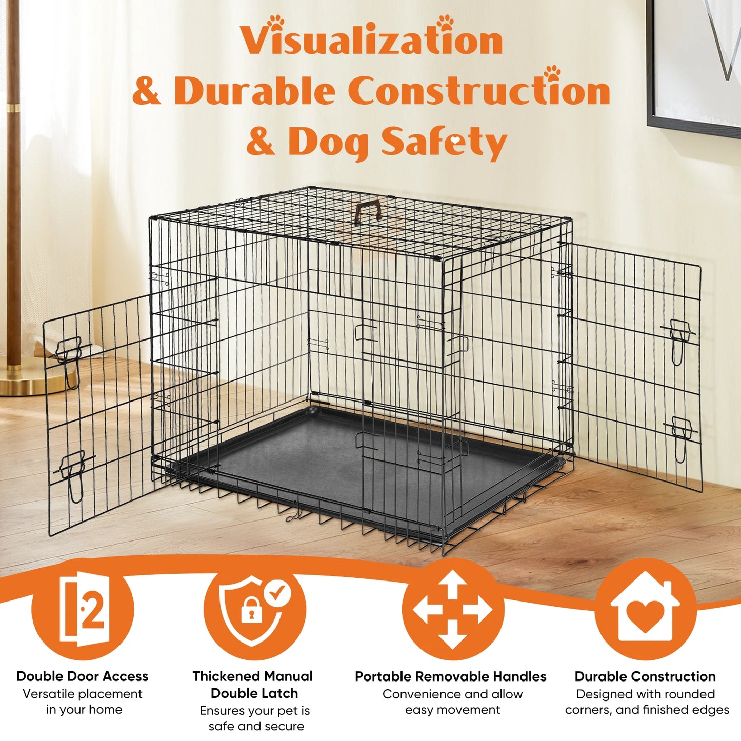 JHK Double Door Folding Metal Wire Dog Crate Leakproof Pan
