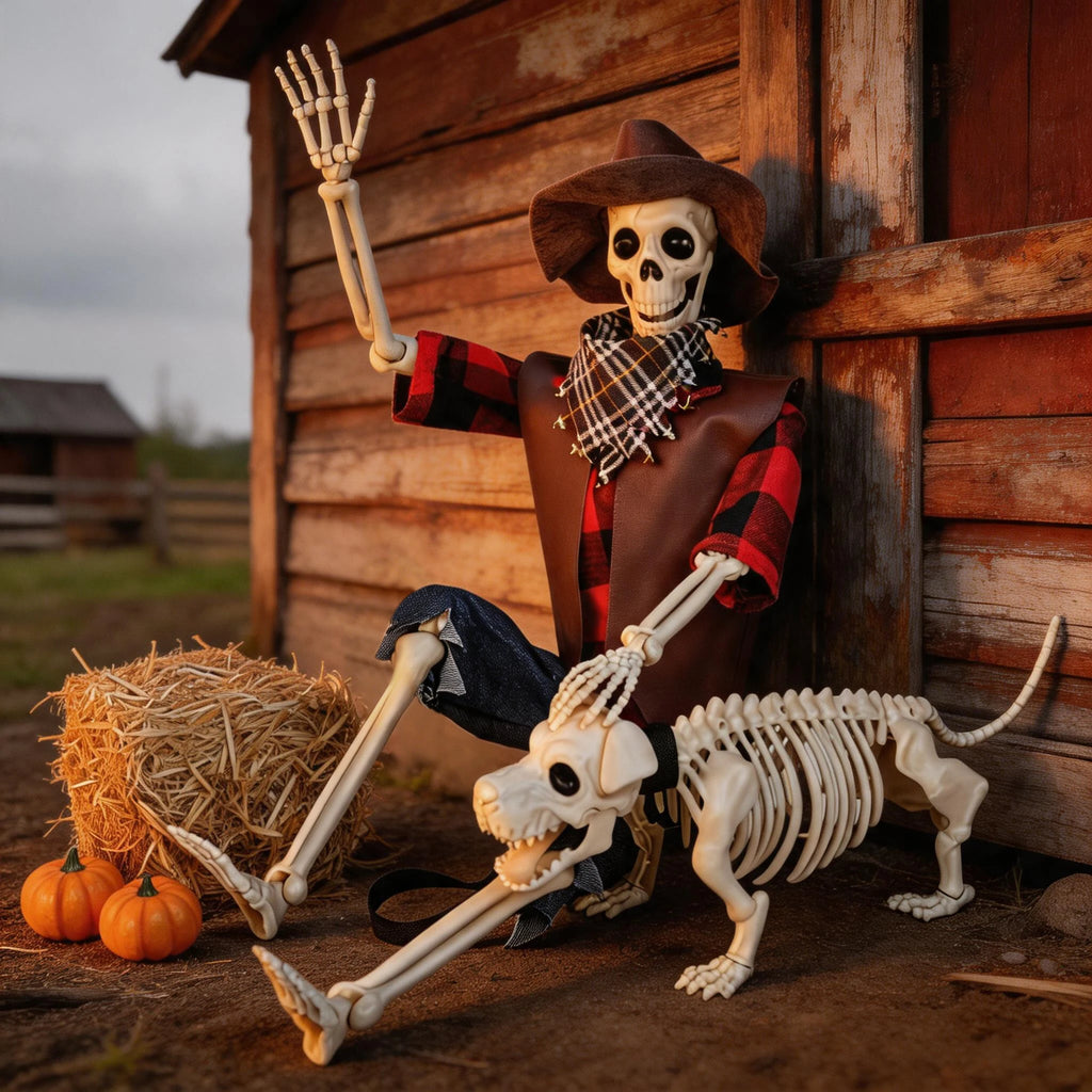 36" Halloween Skeleton DecoraPosable Skeleton And Dog Halloweentions, Posable Skeleton & Dog Outdoor Decor Creepy Halloween Western Cowboy Themed Set, Plastic Skeleton Featuring Movable Joints, Indoor Outdoor Yard & Party Decor Pet and Home Outlet