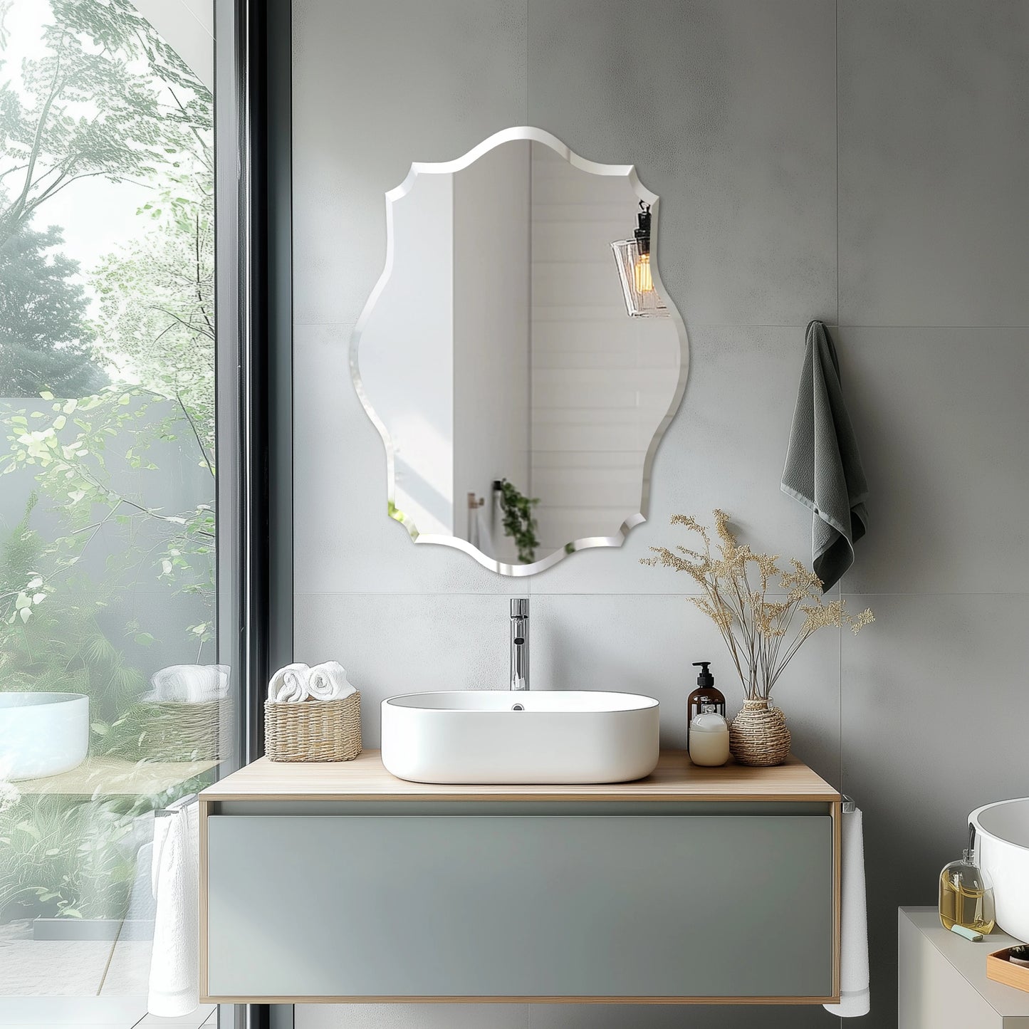 Wisfor Scalloped Beveled Wall Mirror For Modern Bathroom Decor