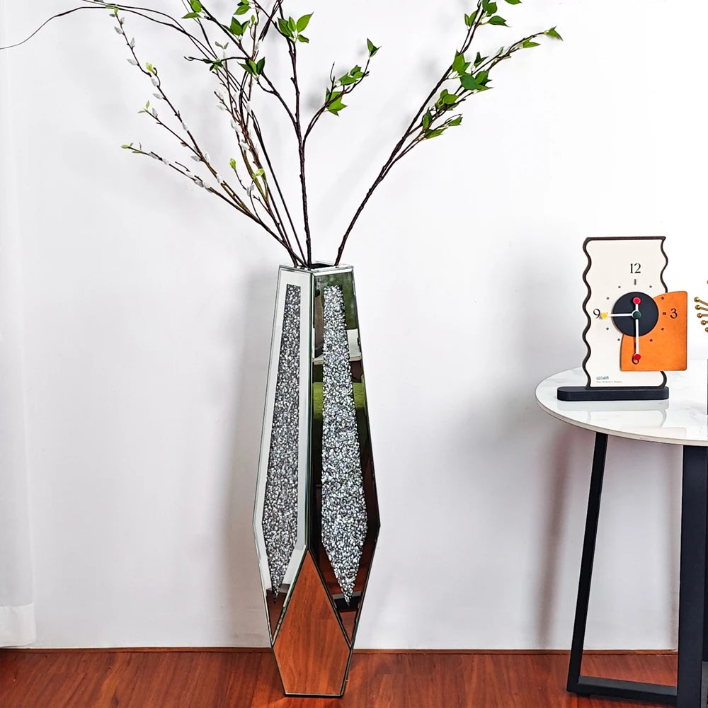 Crushed Diamond Mirrored Floor Vase Silver Floral Arrangement