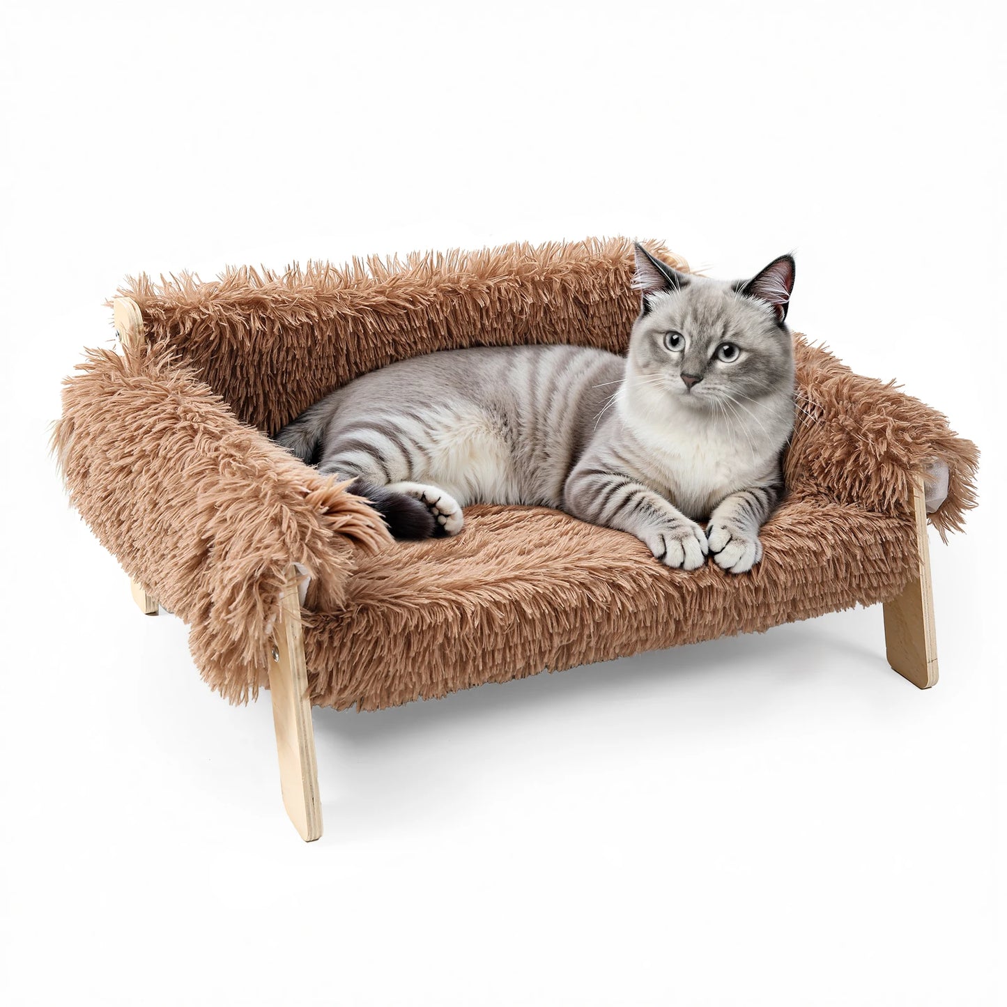 Raised Wooden Cat Bed With Plush Sofa for Indoor Cats