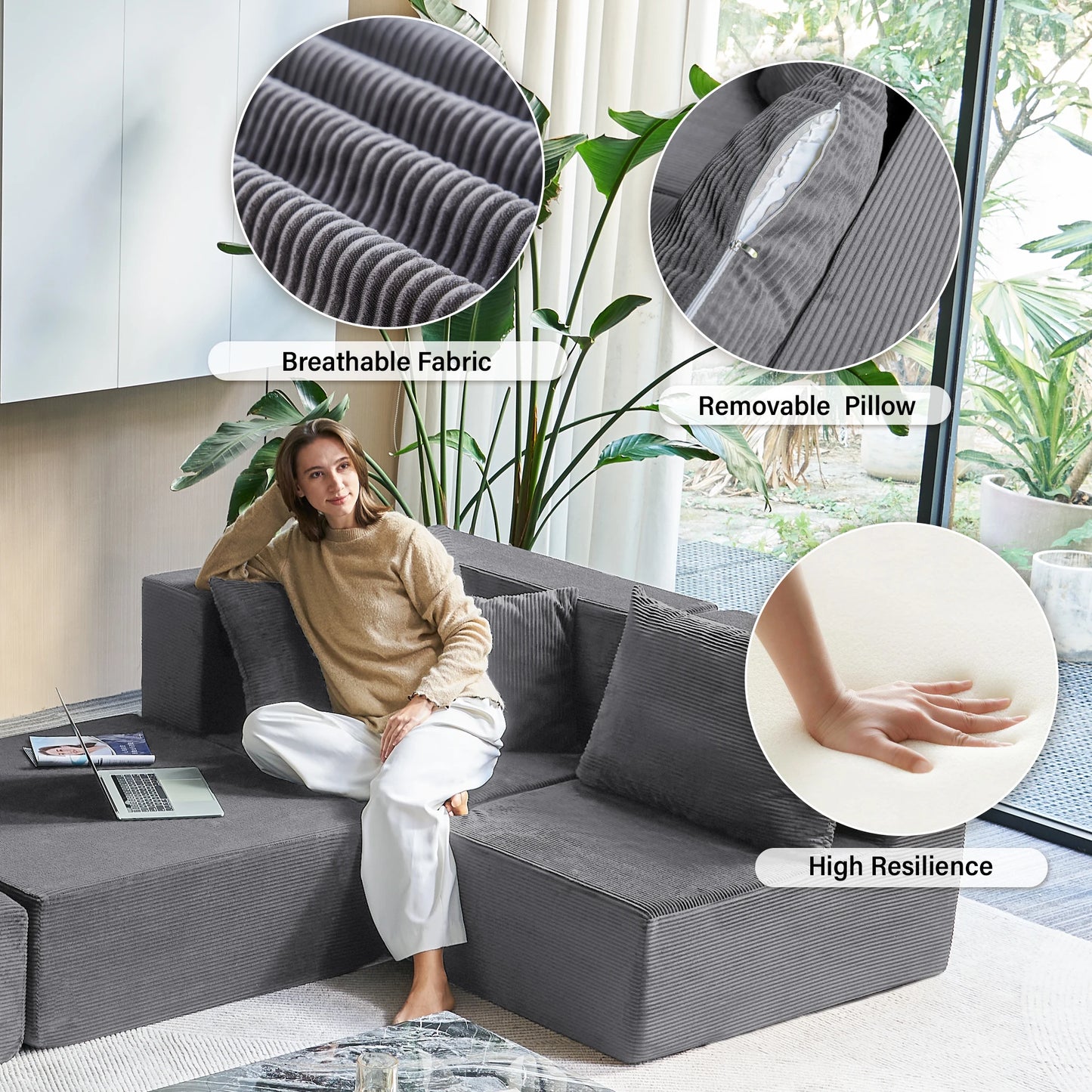 Modern Modular Sectional Sofa With Deep Seat And Convertible Bed