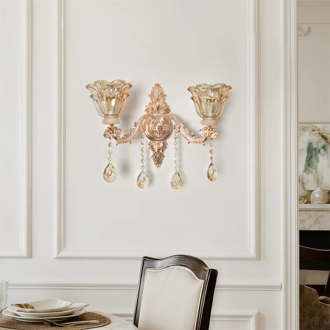 Vrygle Luxury Gold Crystal Glass Wall Sconce With Flower Lampshade