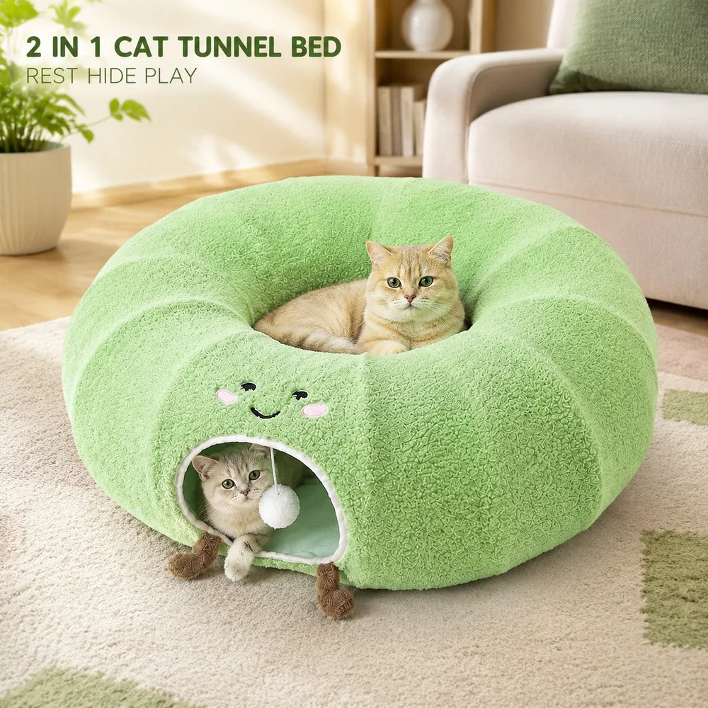 Convertible Cat Tunnel Bed For Indoor Cats Plush Donut Cat Bed With Removable Cushion Zip Connected Long Play Tunnel Cozy Hideaway Bed With Hanging Ball For Kittens Cats And Small Pets Pet and Home Outlet
