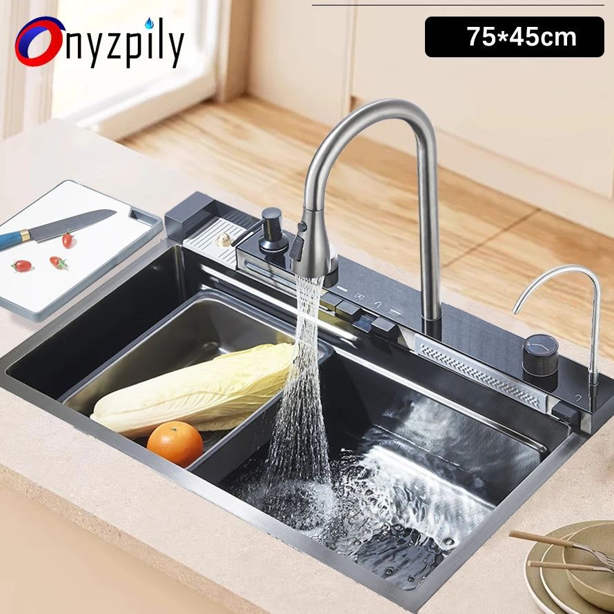 304 Stainless Steel Kitchen Waterfall Sink With Digital Display Faucet