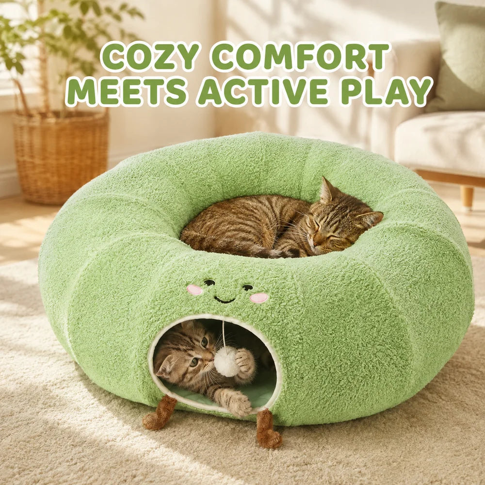 Convertible Cat Tunnel Bed For Indoor Cats Plush Donut Cat Bed With Removable Cushion Zip Connected Long Play Tunnel Cozy Hideaway Bed With Hanging Ball For Kittens Cats And Small Pets Pet and Home Outlet