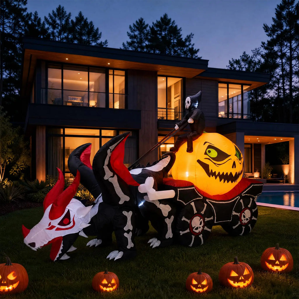 12ft Grim Reaper Dragon Carriage Halloween Inflatable With 3 Led Lights, Outdoor Yard Decoration For Lawn Porch Garden Party Display Pet and Home Outlet