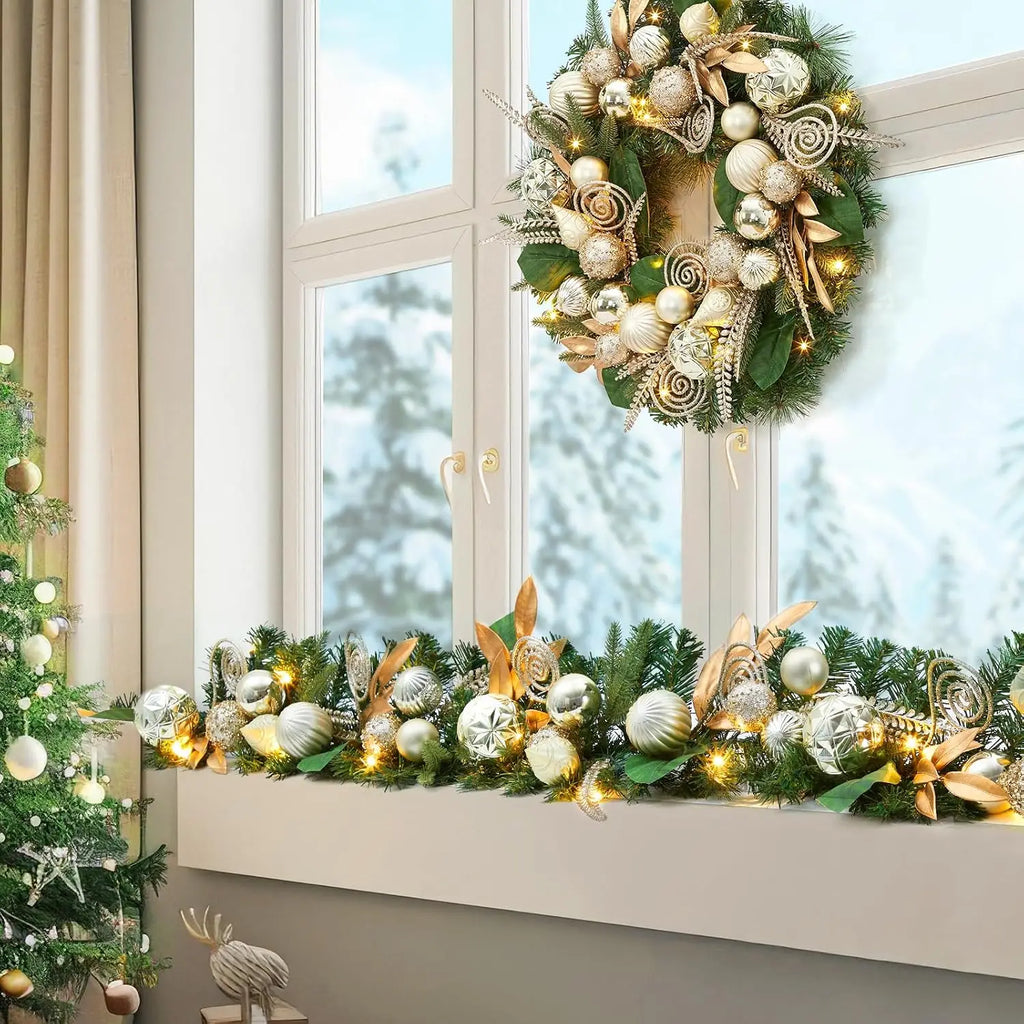 Garvee 24 Inch Christmas Wreath Artificial Xmas Garland with 20 LED Lights and Gold Leaves, Balls and Ornaments Door Wall Hanging Winter Holiday Party Decoration for Fireplace, Window Pet and Home Outlet