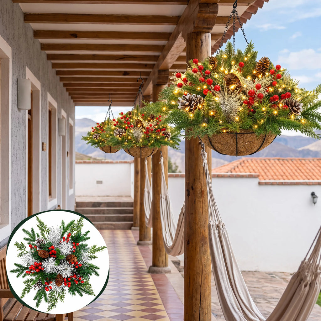 Artificial Christmas Hanging Basket With LED String Lights Pre-Lit Christmas Hanging Plant Basket Artificial Flowers Decor for Front Door Garden And Party Pet and Home Outlet