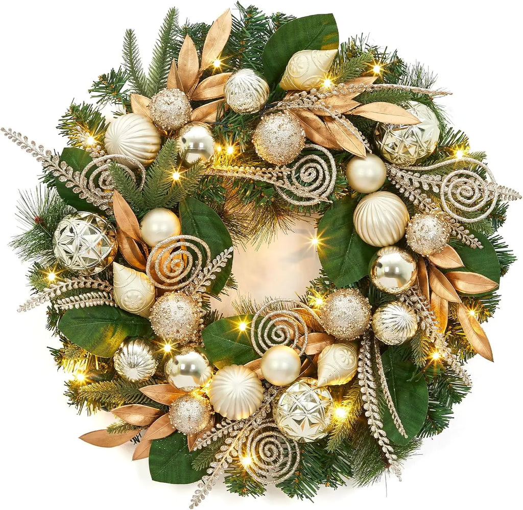 Garvee 24 Inch Christmas Wreath Artificial Xmas Garland with 20 LED Lights and Gold Leaves, Balls and Ornaments Door Wall Hanging Winter Holiday Party Decoration for Fireplace, Window Pet and Home Outlet