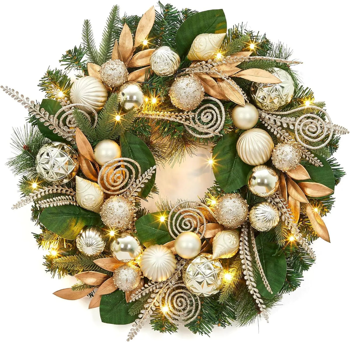 Garvee 24 Inch Christmas Wreath Artificial Xmas Garland with 20 LED Lights and Gold Leaves, Balls and Ornaments Door Wall Hanging Winter Holiday Party Decoration for Fireplace, Window Pet and Home Outlet