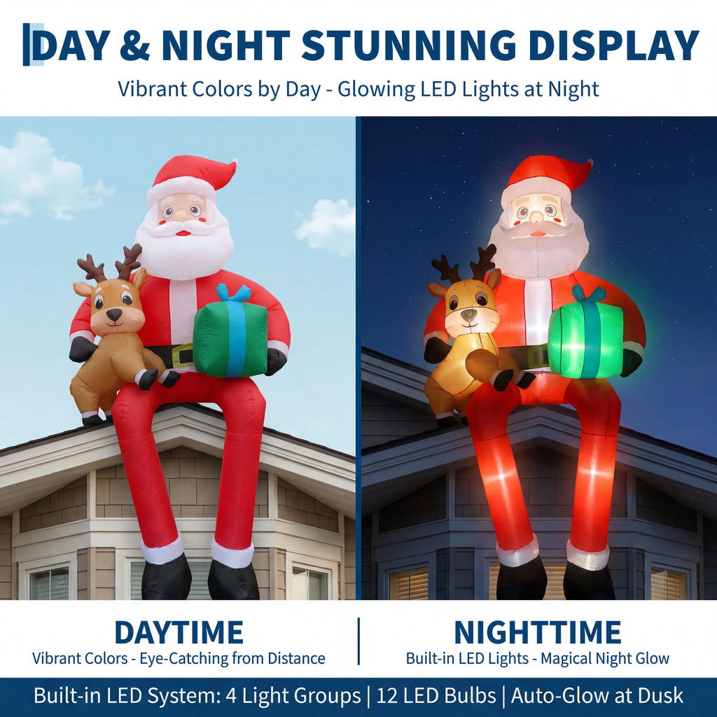 9.5ft Christmas Inflatable Sitting Santa with Reindeer Outdoor Blow Up Yard Decoration Built In LED Lights Lawn Garden Roof Display Holiday Party Winter Festival Home Decor Pet and Home Outlet