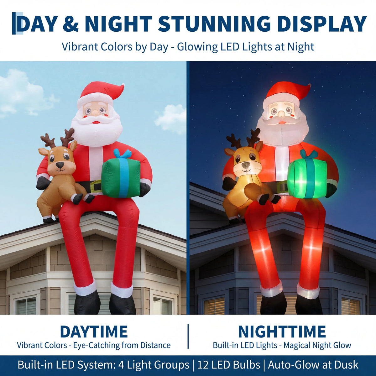 9.5ft Christmas Inflatable Sitting Santa with Reindeer Outdoor Blow Up Yard Decoration Built In LED Lights Lawn Garden Roof Display Holiday Party Winter Festival Home Decor Pet and Home Outlet