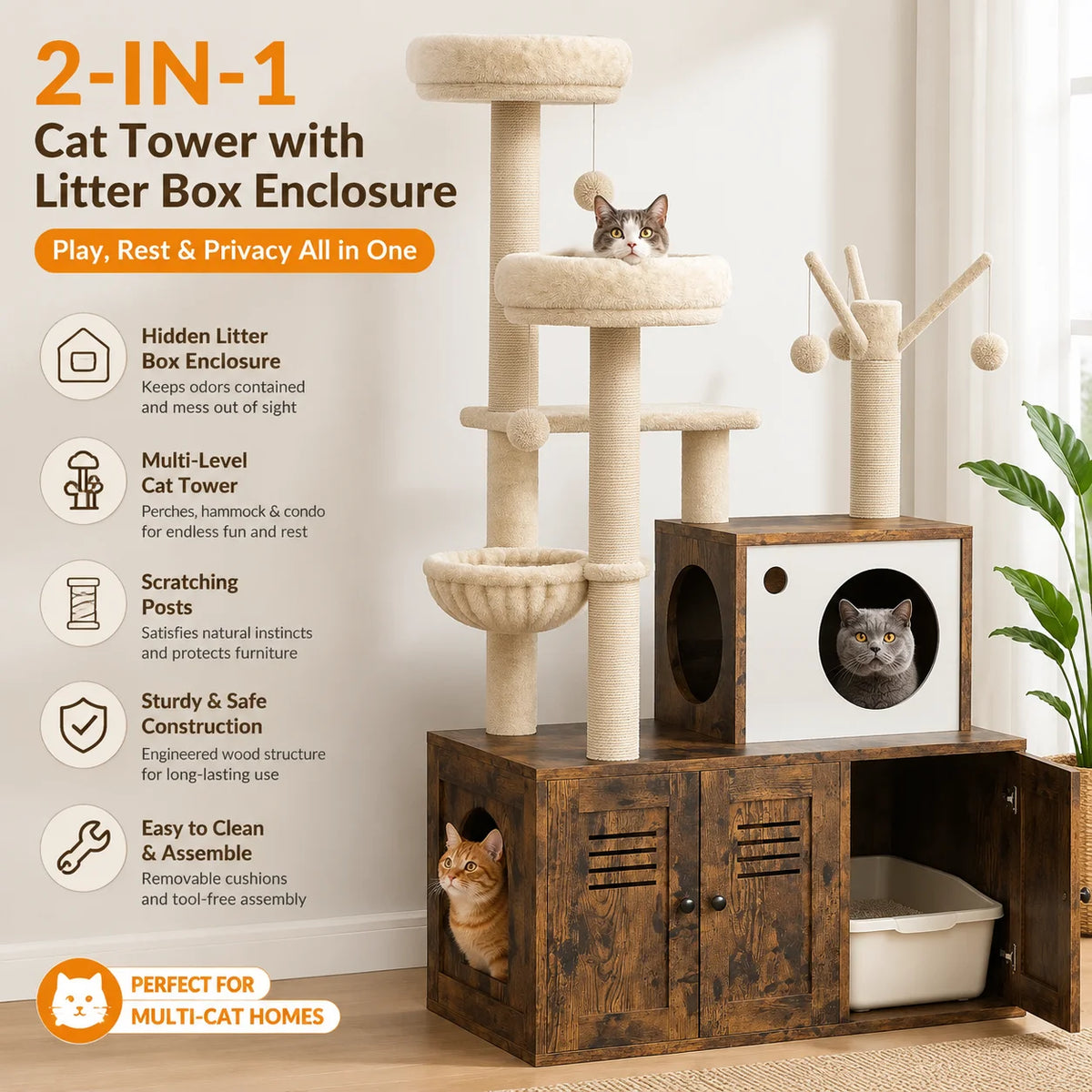 Modern Cat Tower With Hidden Litter Box And Cozy Perches