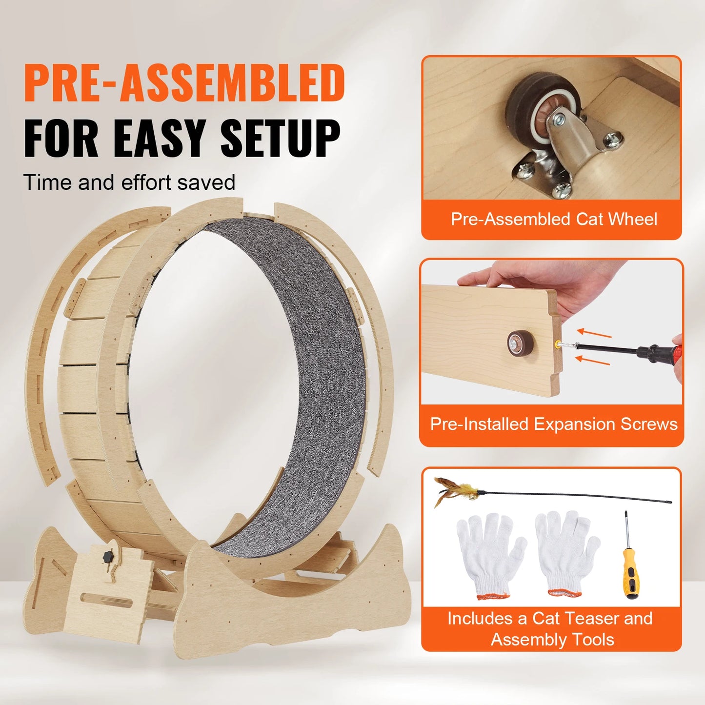 Indoor Wooden Cat Exercise Wheel With Detachable Carpet Teaser Attachment