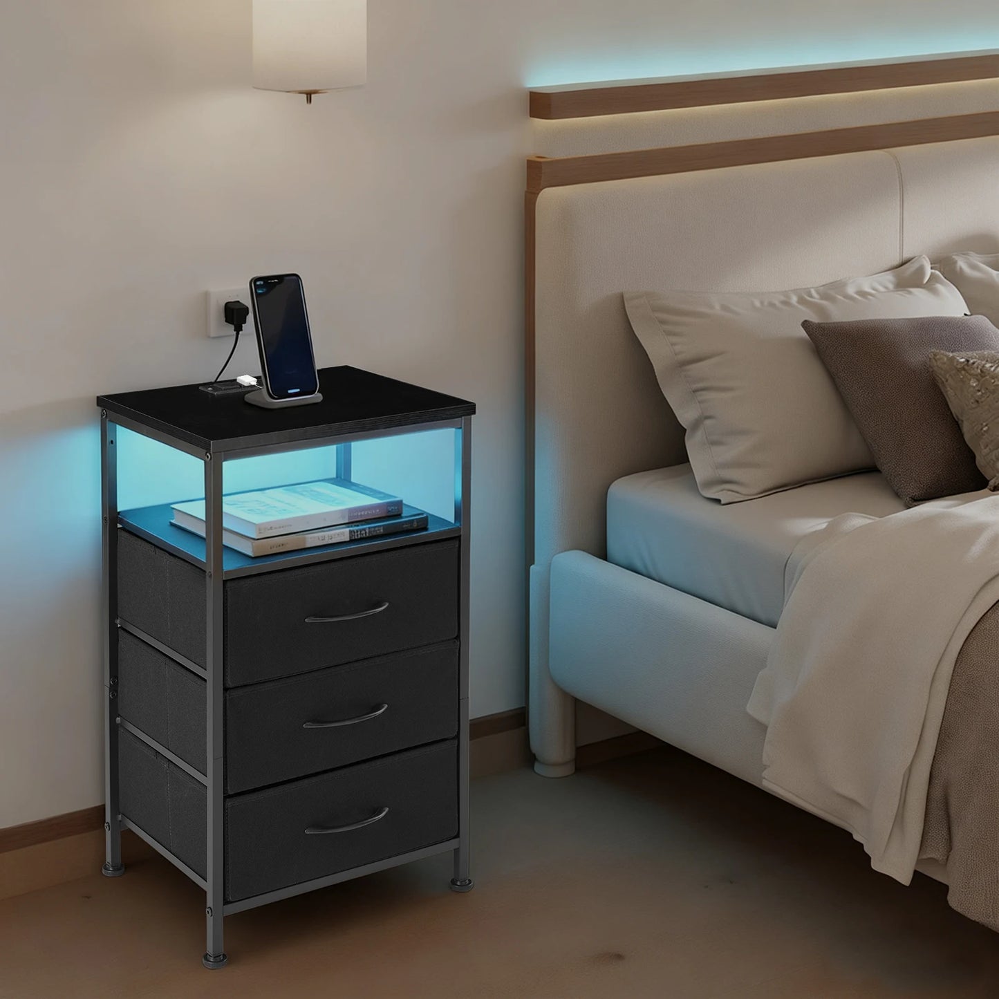 JHK Modern Nightstand With Three Fabric Drawers And USB Outlet