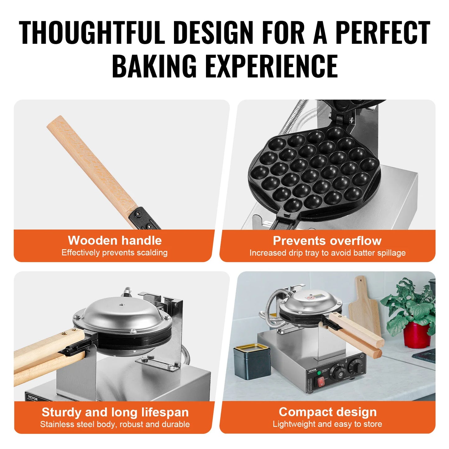 VEVOR SucceBuy Bubble Waffle Maker 1400W Rotatable Dual Pans Nonstick